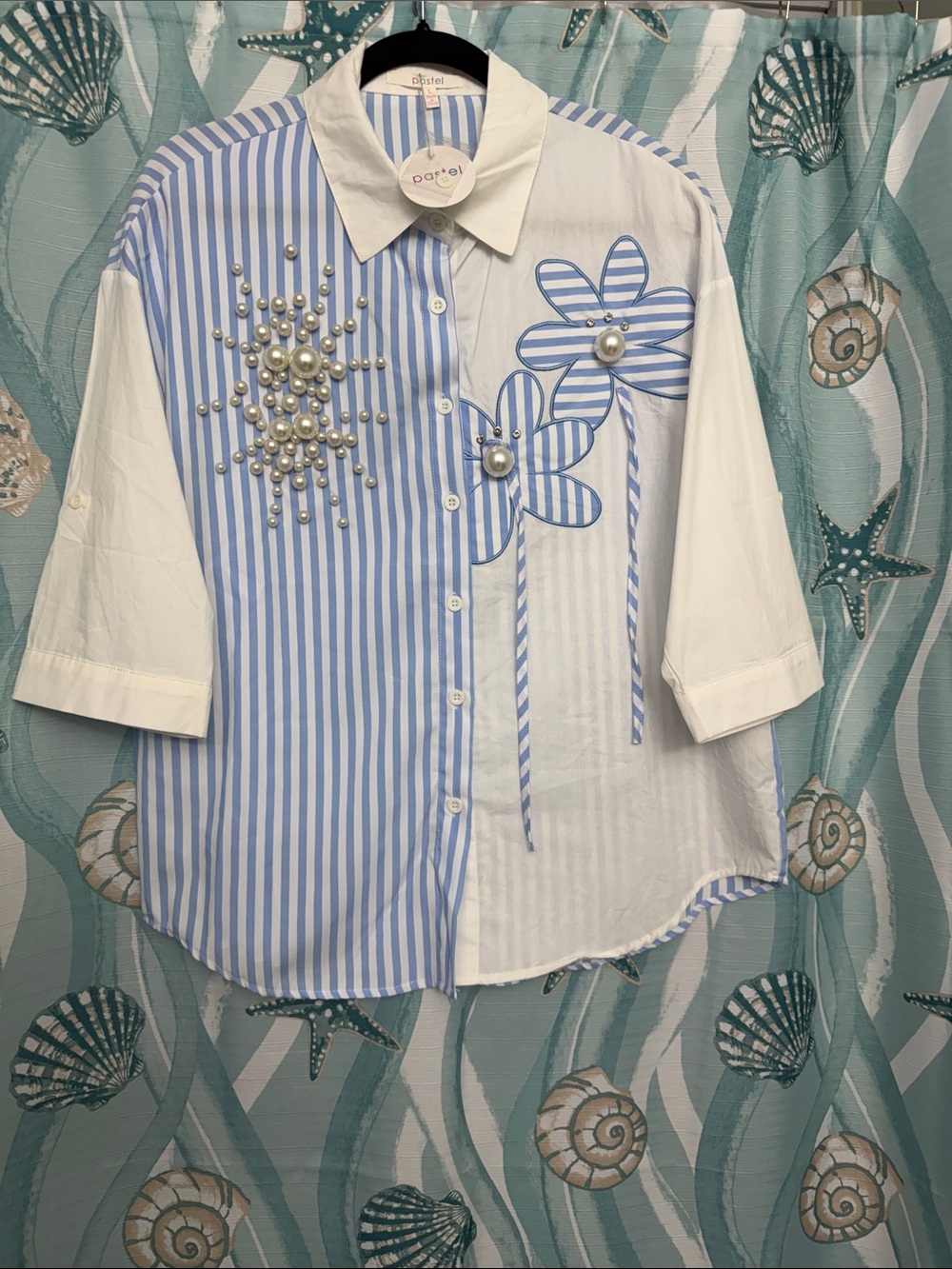 Pastels Blue & White Striped Pearl-Appliqué Button Down Shirt
